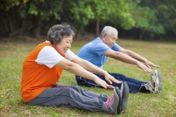 Happy elderly seniors couple working out in park